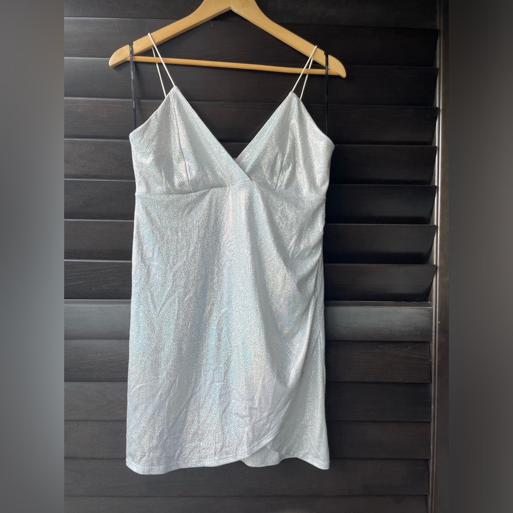 Forever 21 Sparkly Silver Mini Dress Spaghetti Strap Back Zip Size Large